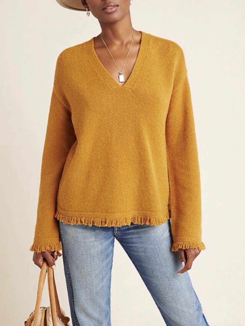NWOT Anthropologie Wool Blend Mustard Golden V-Neck Joy Fringe-Hem Knit Sweater